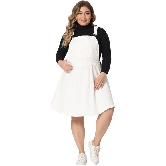 Plus Size Jeans Suspender Skirt Patch Pocket Denim Overall White - Picture 3 of 6